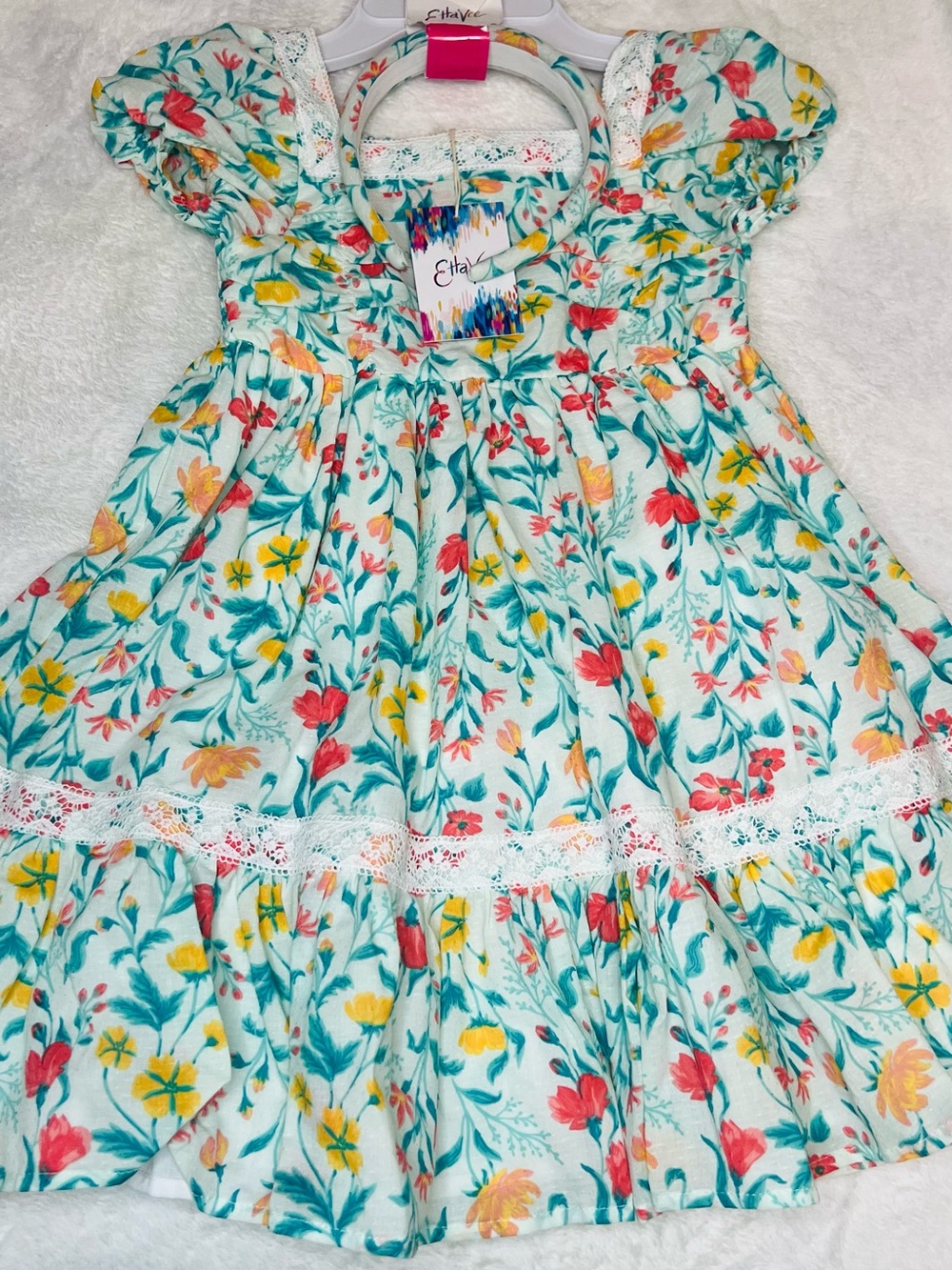 Ettavee Floral Cotton Dress for Kids in Aqua with Multicolor Flowers